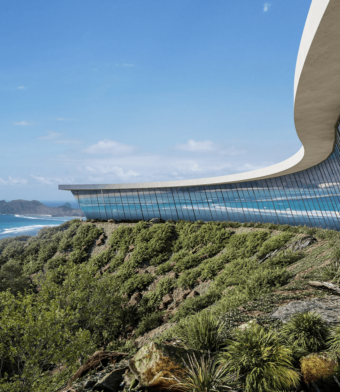 A modern villa with an iconic curved roof design